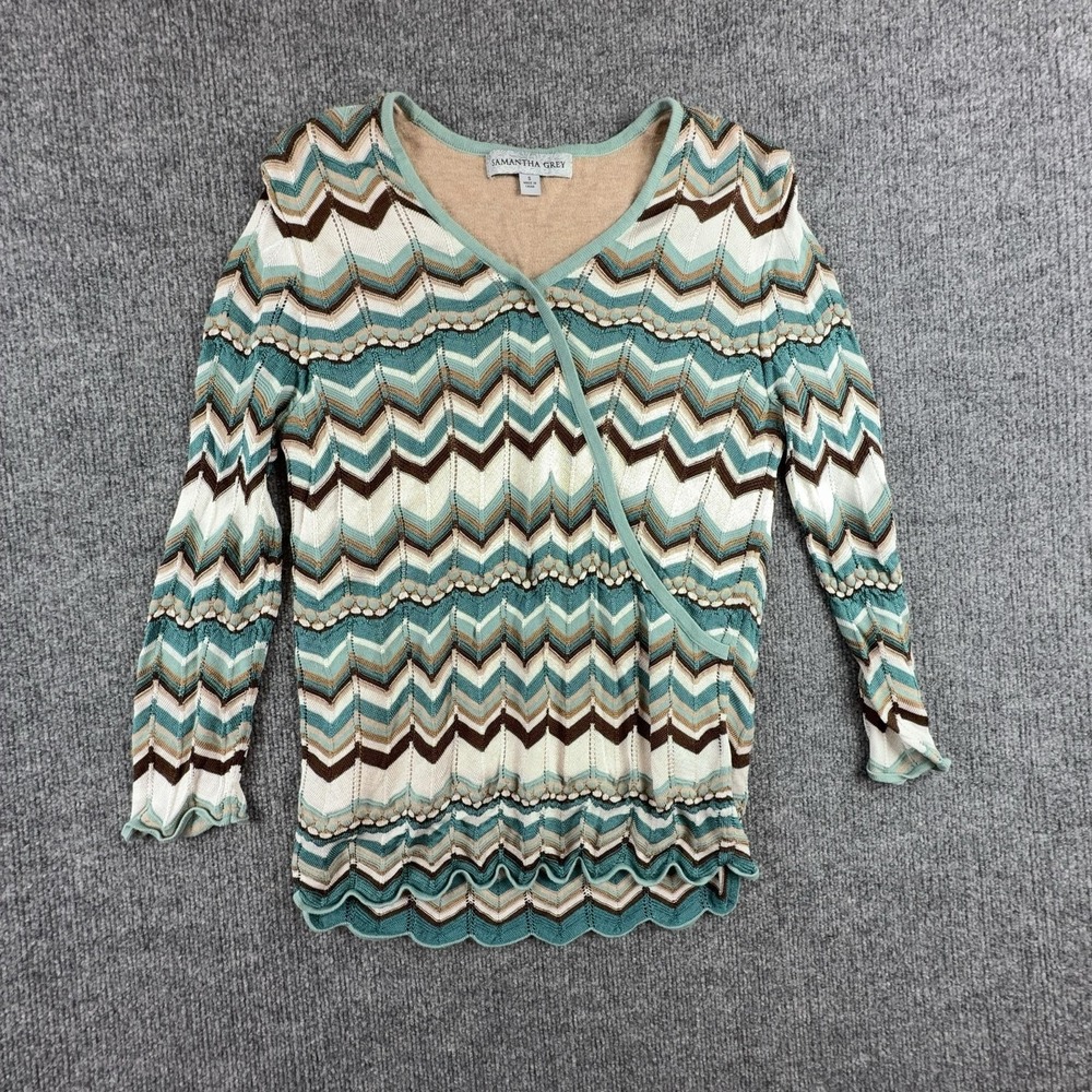 Samantha Grey Sweater Womens Small Teal Brown Chevron Scoop Neck Ruffle Knit